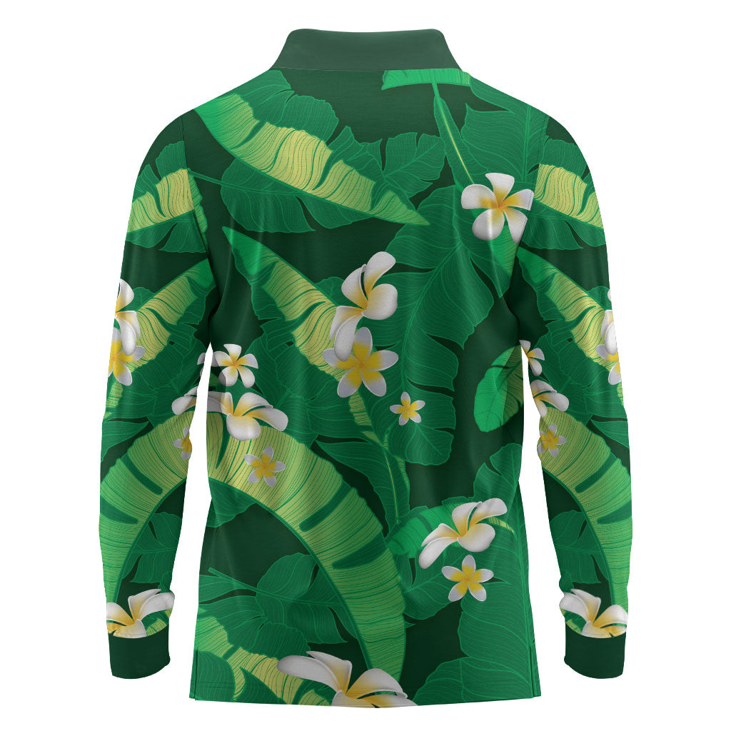 Green Banana Leaf Hawaii Long Sleeve Polo Shirt Lau Maia Plumeria Tropical Summer Vibes
