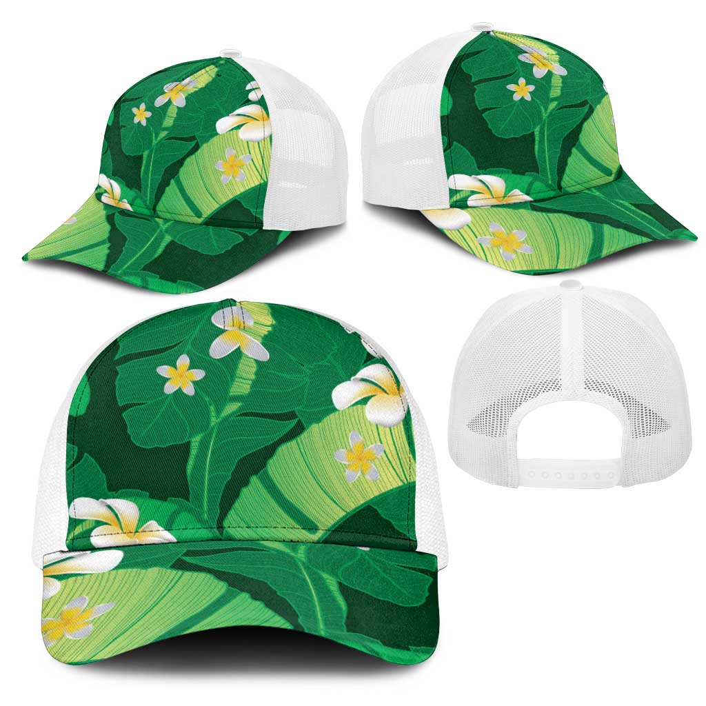 Green Banana Leaf Hawaii Mesh Trucker Cap Lau Maia Plumeria Tropical Summer Vibes