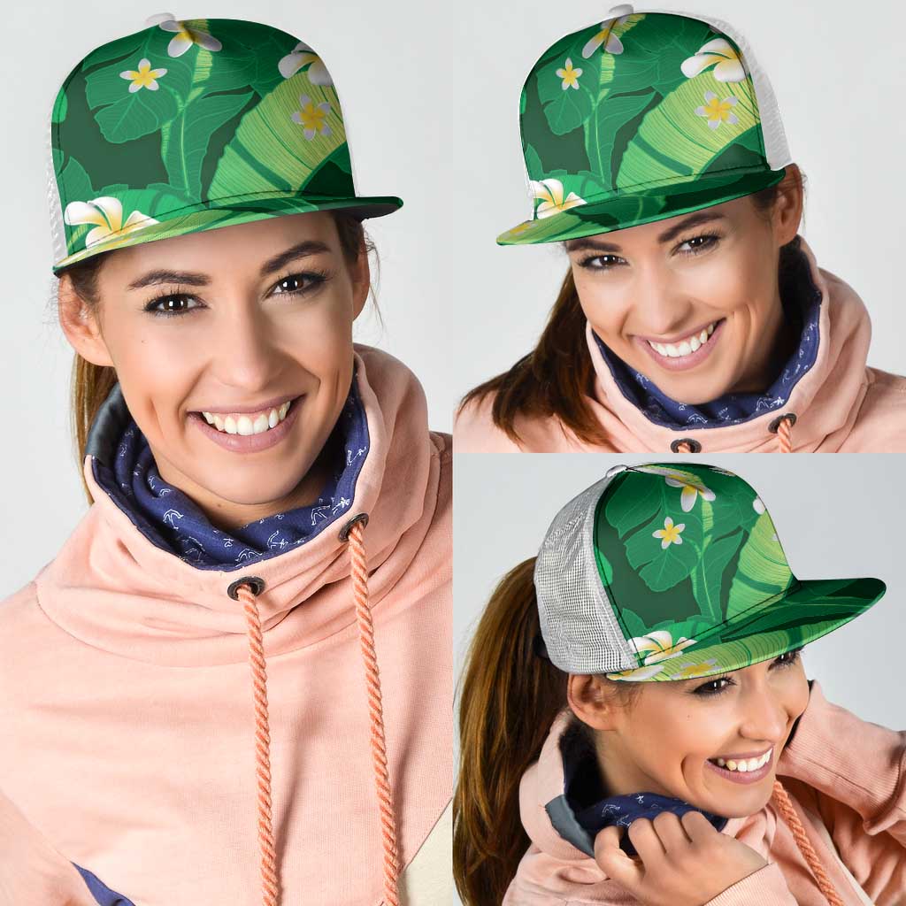 Green Banana Leaf Hawaii Mesh Trucker Cap Lau Maia Plumeria Tropical Summer Vibes