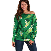 Green Banana Leaf Hawaii Off Shoulder Sweater Lau Maia Plumeria Tropical Summer Vibes