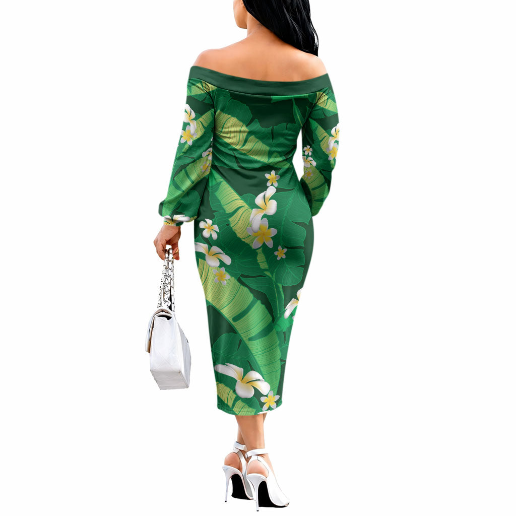 Green Banana Leaf Hawaii Off The Shoulder Long Sleeve Dress Lau Maia Plumeria Tropical Summer Vibes