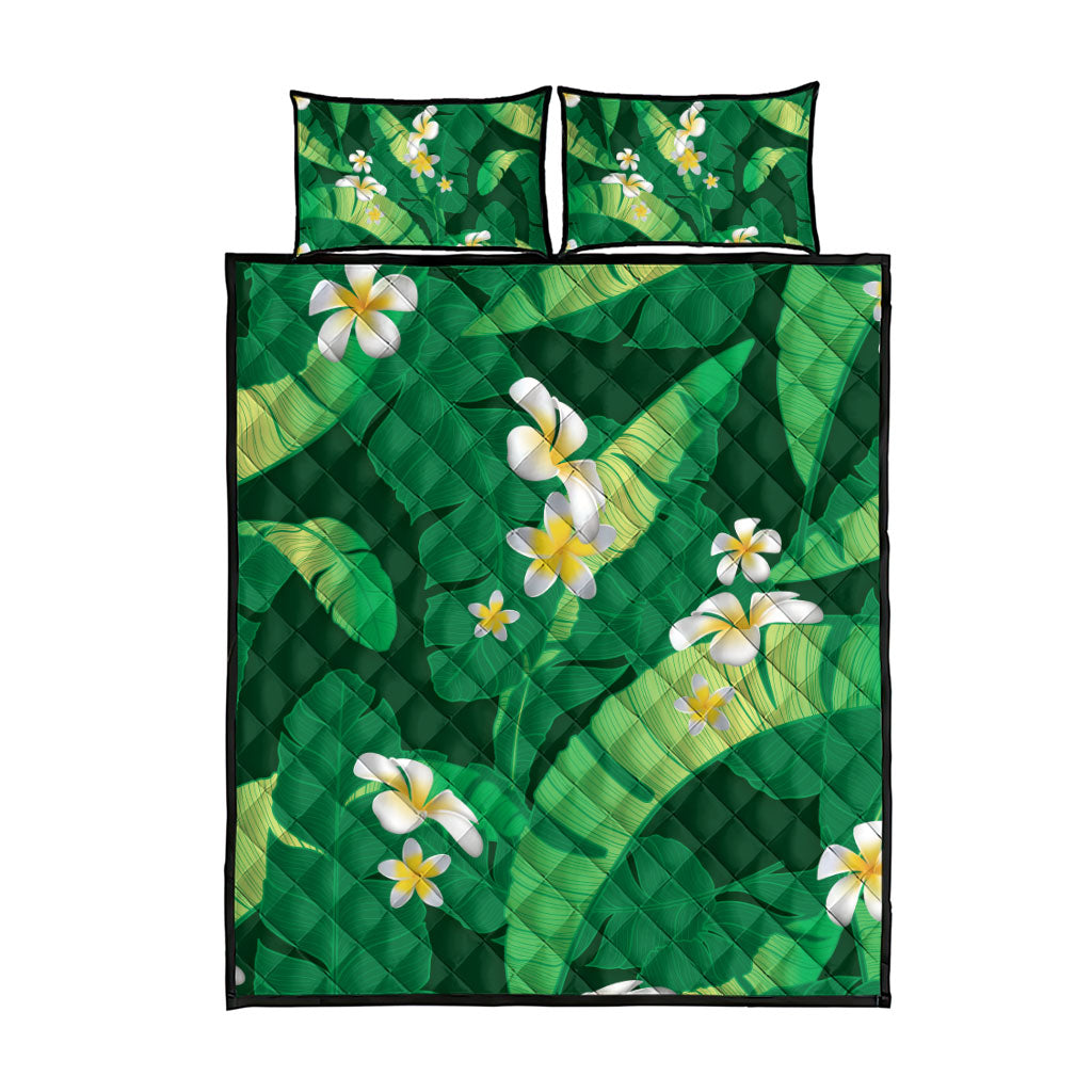 Green Banana Leaf Hawaii Quilt Bed Set Lau Maia Plumeria Tropical Summer Vibes