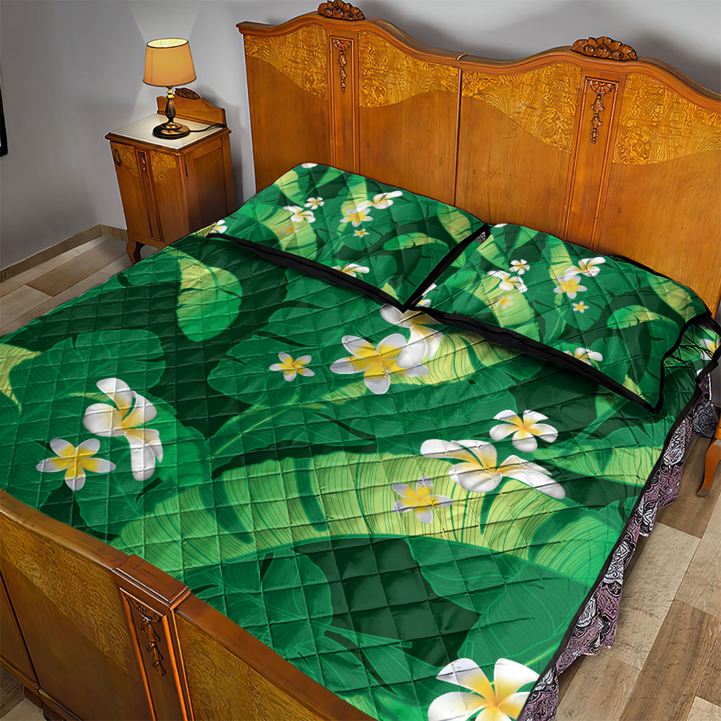 Green Banana Leaf Hawaii Quilt Bed Set Lau Maia Plumeria Tropical Summer Vibes
