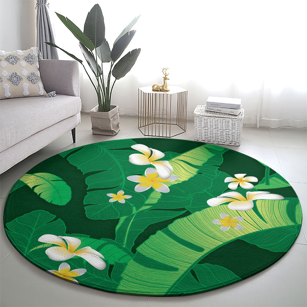 Green Banana Leaf Hawaii Round Carpet Lau Maia Plumeria Tropical Summer Vibes