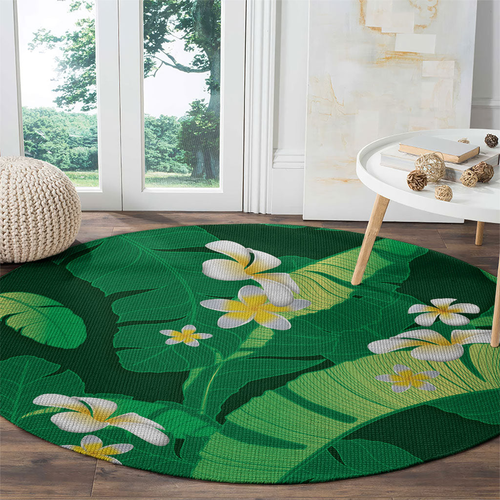 Green Banana Leaf Hawaii Round Carpet Lau Maia Plumeria Tropical Summer Vibes