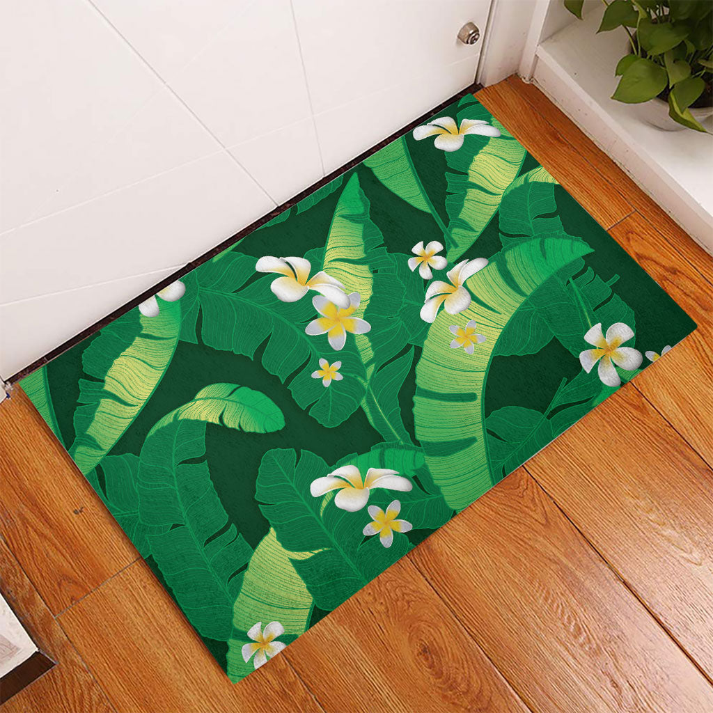 Green Banana Leaf Hawaii Rubber Doormat Lau Maia Plumeria Tropical Summer Vibes
