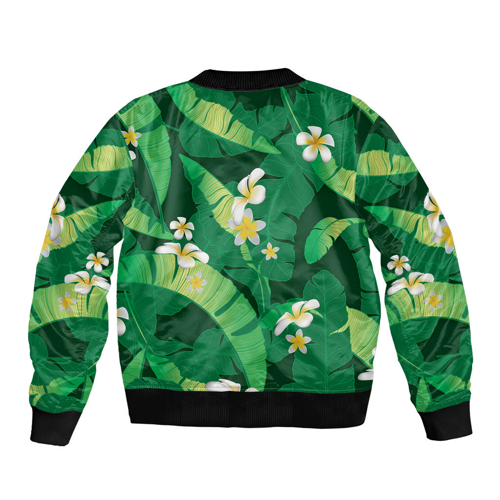 Green Banana Leaf Hawaii Sleeve Zip Bomber Jacket Lau Maia Plumeria Tropical Summer Vibes