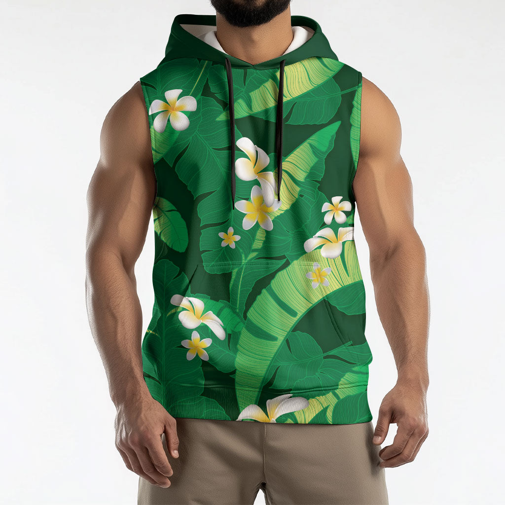 Green Banana Leaf Hawaii Sleeveless Hoodie Lau Maia Plumeria Tropical Summer Vibes