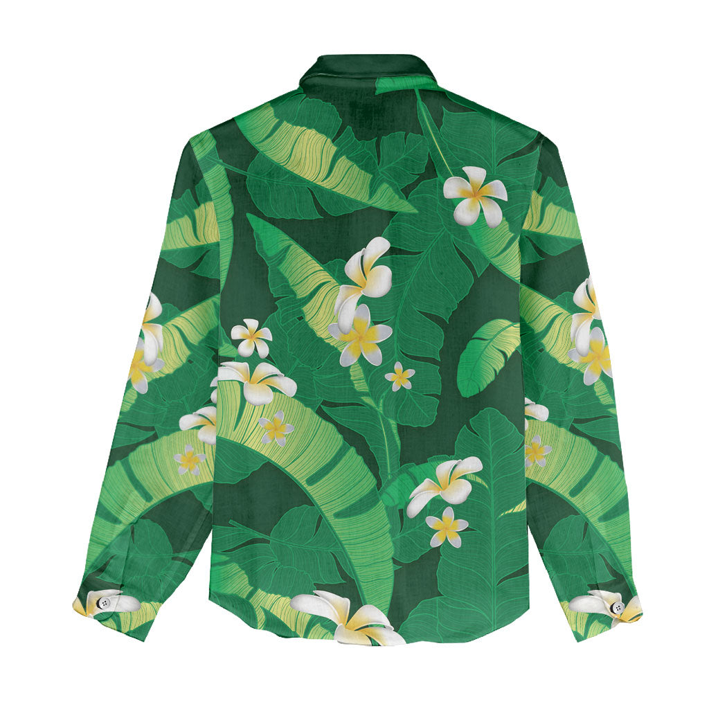 Green Banana Leaf Hawaii Women Casual Shirt Lau Maia Plumeria Tropical Summer Vibes