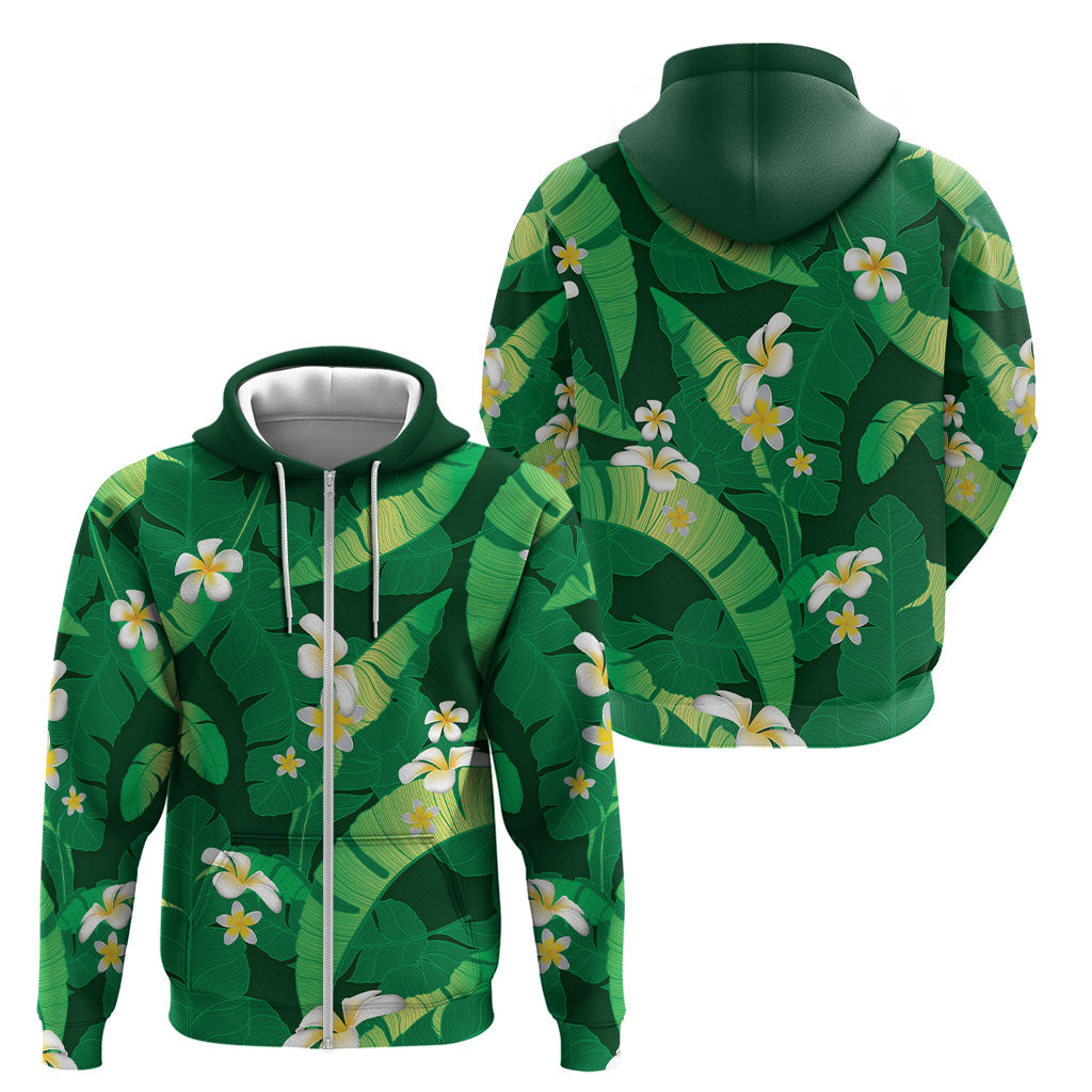 Green Banana Leaf Hawaii Zip Hoodie Lau Maia Plumeria Tropical Summer Vibes