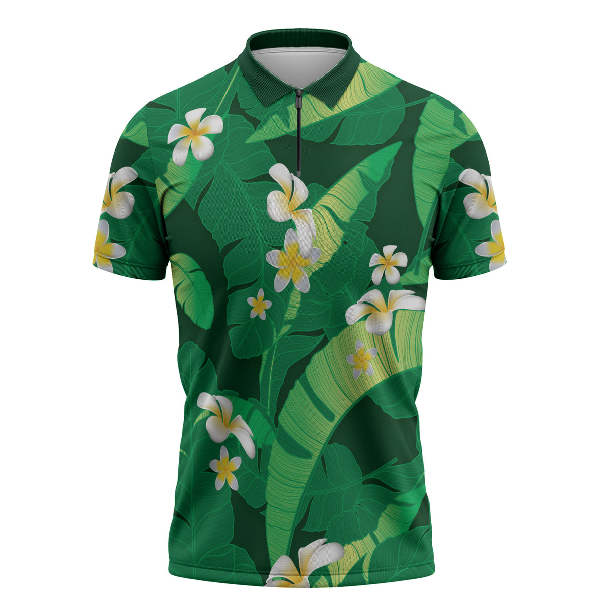 Green Banana Leaf Hawaii Zipper Polo Shirt Lau Maia Plumeria Tropical Summer Vibes