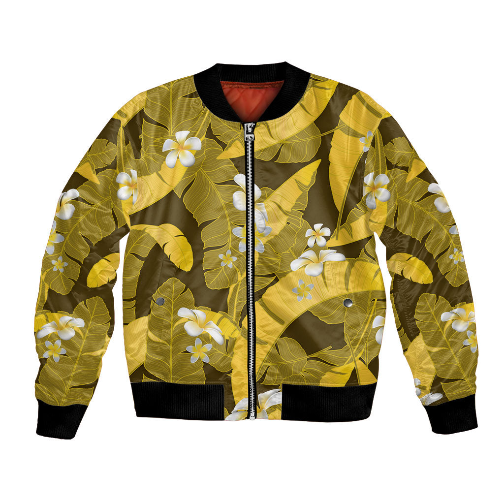 Yellow Banana Leaf Hawaii Bomber Jacket Lau Maia Plumeria Tropical Summer Vibes