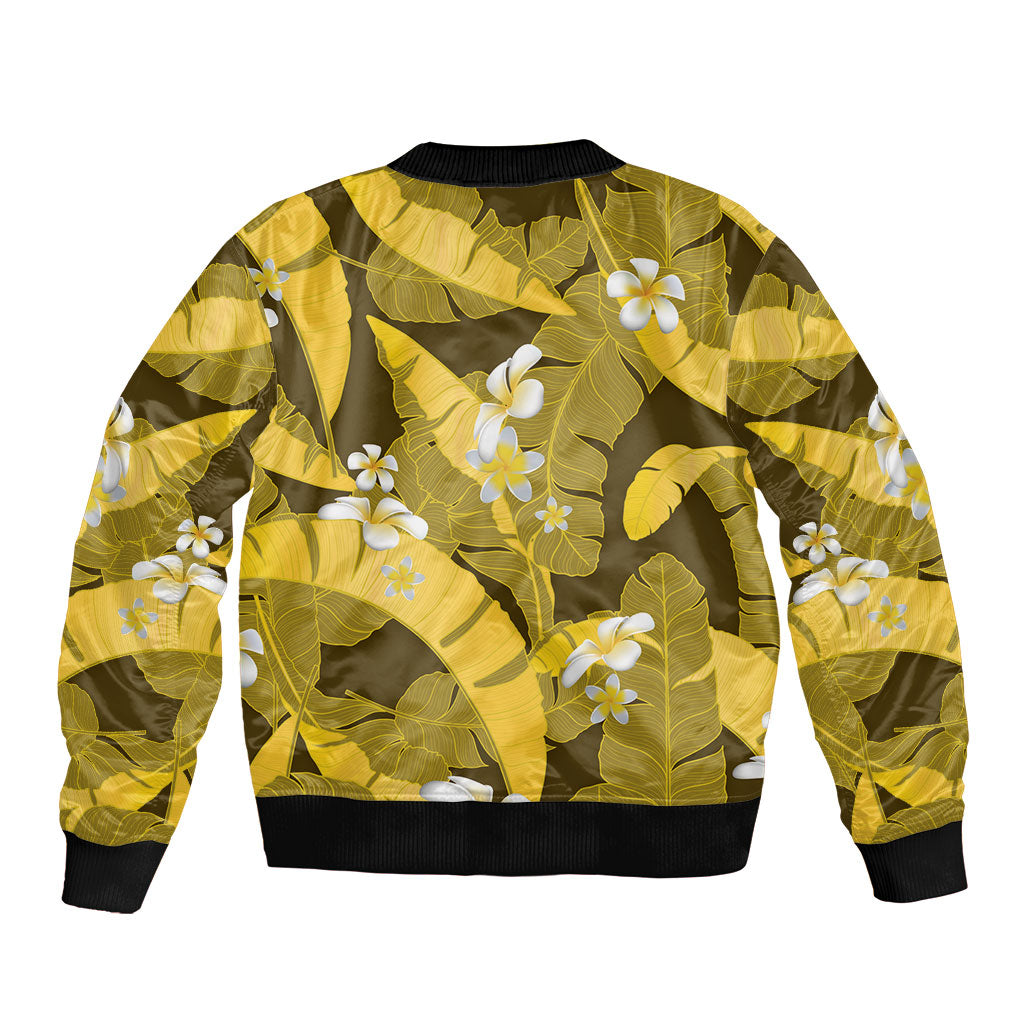 Yellow Banana Leaf Hawaii Bomber Jacket Lau Maia Plumeria Tropical Summer Vibes