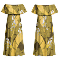 Yellow Banana Leaf Hawaii Couples Matching Off Shoulder Maxi Dress and Hawaiian Shirt Lau Maia Plumeria Tropical Summer Vibes