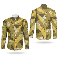 Yellow Banana Leaf Hawaii Couples Matching Off Shoulder Maxi Dress and Long Sleeve Button Shirt Lau Maia Plumeria Tropical Summer Vibes