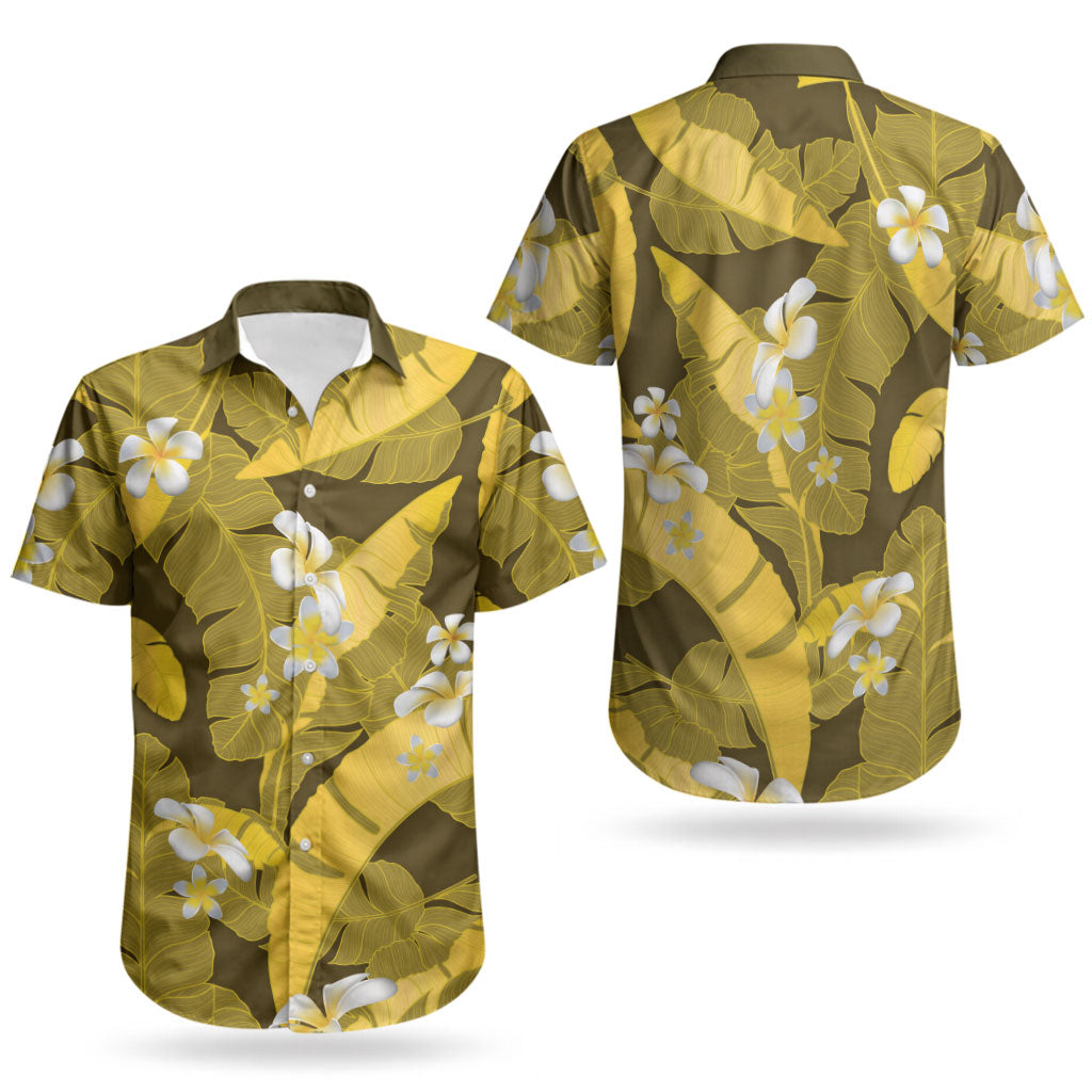 Yellow Banana Leaf Hawaii Couples Matching Off The Shoulder Long Sleeve Dress and Hawaiian Shirt Lau Maia Plumeria Tropical Summer Vibes