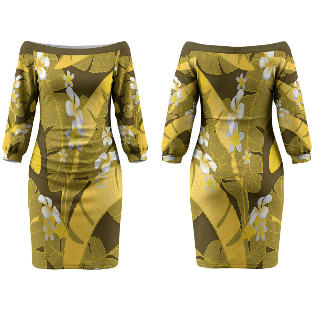 Yellow Banana Leaf Hawaii Couples Matching Off The Shoulder Long Sleeve Dress and Long Sleeve Button Shirt Lau Maia Plumeria Tropical Summer Vibes