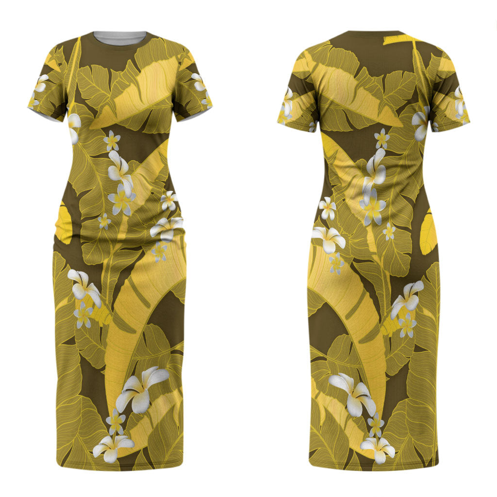 Yellow Banana Leaf Hawaii Couples Matching Short Sleeve Bodycon Dress and Hawaiian Shirt Lau Maia Plumeria Tropical Summer Vibes