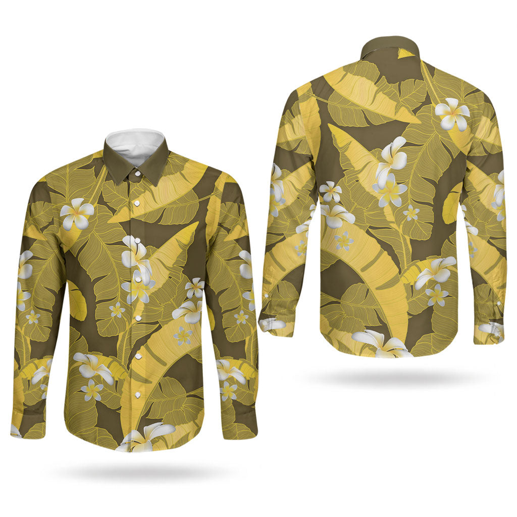 Yellow Banana Leaf Hawaii Couples Matching Short Sleeve Bodycon Dress and Long Sleeve Button Shirt Lau Maia Plumeria Tropical Summer Vibes