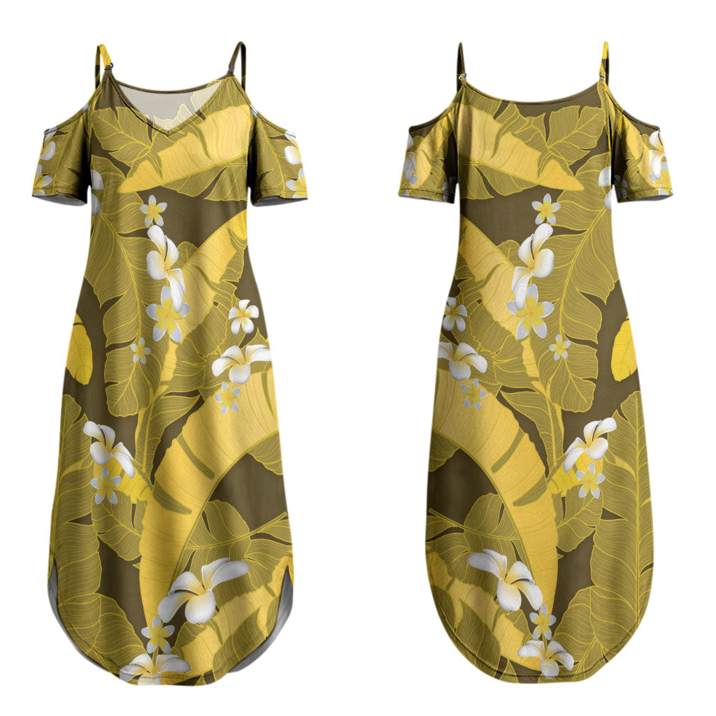 Yellow Banana Leaf Hawaii Couples Matching Summer Maxi Dress and Hawaiian Shirt Lau Maia Plumeria Tropical Summer Vibes