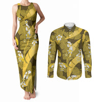 Yellow Banana Leaf Hawaii Couples Matching Tank Maxi Dress and Long Sleeve Button Shirt Lau Maia Plumeria Tropical Summer Vibes