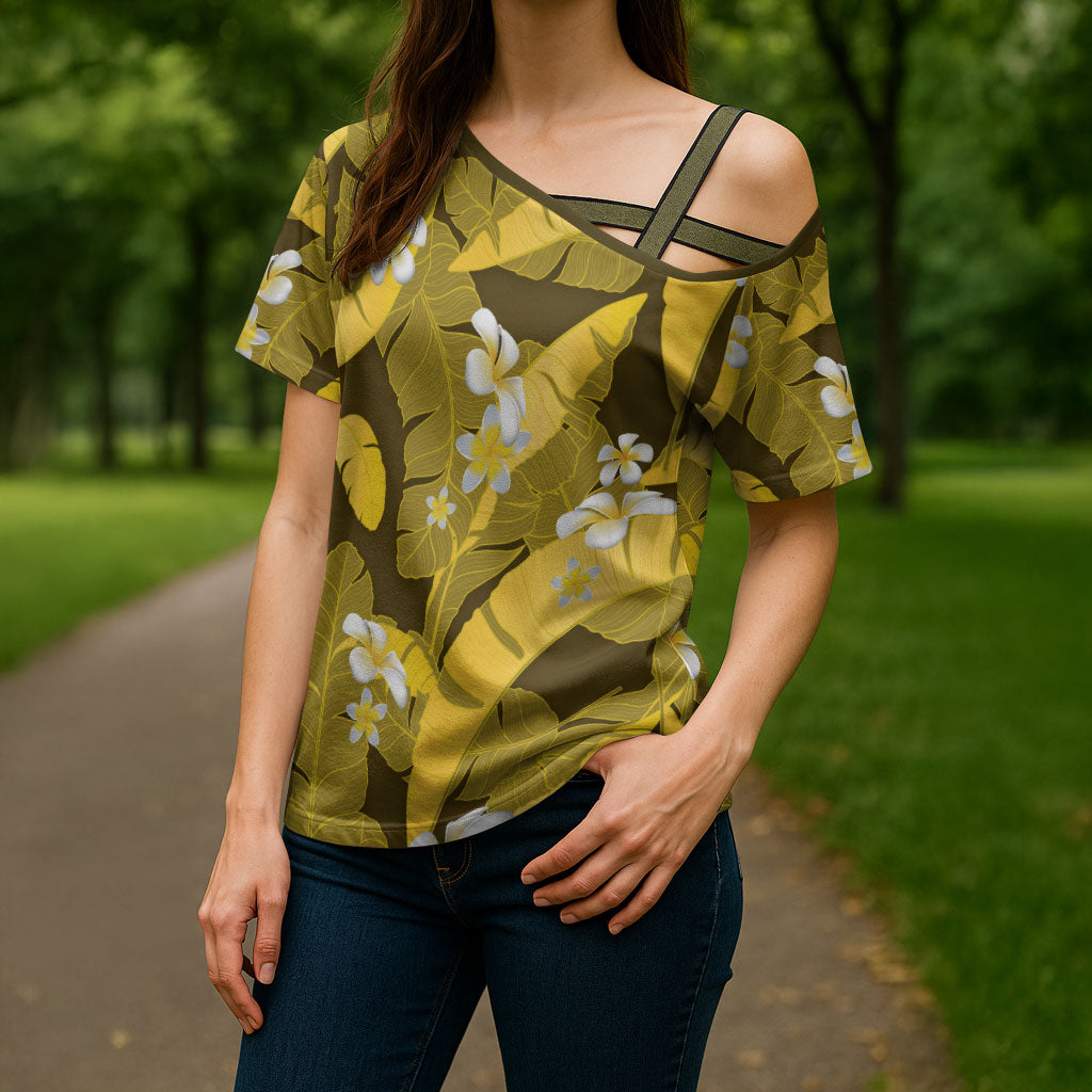 Yellow Banana Leaf Hawaii Cross Shoulder Shirt Lau Maia Plumeria Tropical Summer Vibes