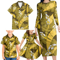 Yellow Banana Leaf Hawaii Family Matching Long Sleeve Bodycon Dress and Hawaiian Shirt Lau Maia Plumeria Tropical Summer Vibes