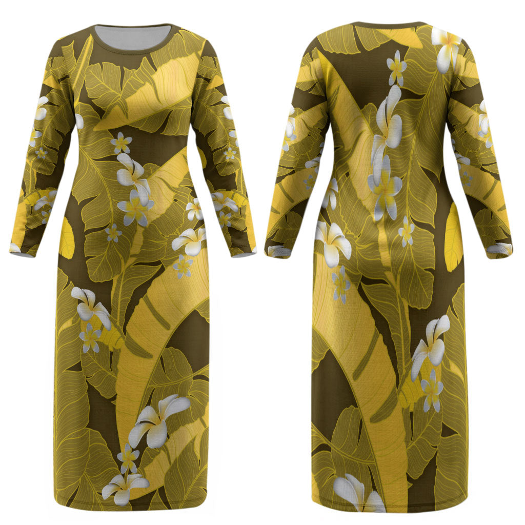 Yellow Banana Leaf Hawaii Family Matching Long Sleeve Bodycon Dress and Hawaiian Shirt Lau Maia Plumeria Tropical Summer Vibes