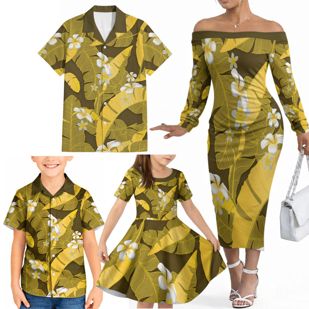 Yellow Banana Leaf Hawaii Family Matching Off The Shoulder Long Sleeve Dress and Hawaiian Shirt Lau Maia Plumeria Tropical Summer Vibes