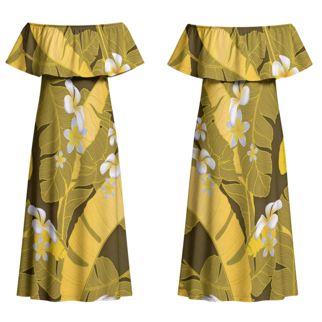Yellow Banana Leaf Hawaii Family Matching Off Shoulder Maxi Dress and Hawaiian Shirt Lau Maia Plumeria Tropical Summer Vibes