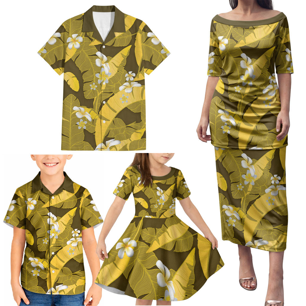 Yellow Banana Leaf Hawaii Family Matching Puletasi and Hawaiian Shirt Lau Maia Plumeria Tropical Summer Vibes