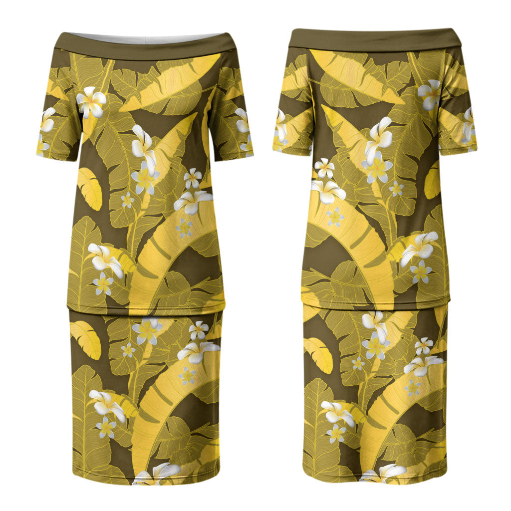 Yellow Banana Leaf Hawaii Family Matching Puletasi and Hawaiian Shirt Lau Maia Plumeria Tropical Summer Vibes