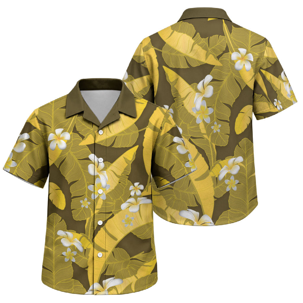 Yellow Banana Leaf Hawaii Family Matching Puletasi and Hawaiian Shirt Lau Maia Plumeria Tropical Summer Vibes