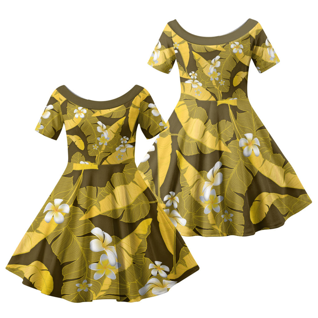 Yellow Banana Leaf Hawaii Family Matching Short Sleeve Bodycon Dress and Hawaiian Shirt Lau Maia Plumeria Tropical Summer Vibes