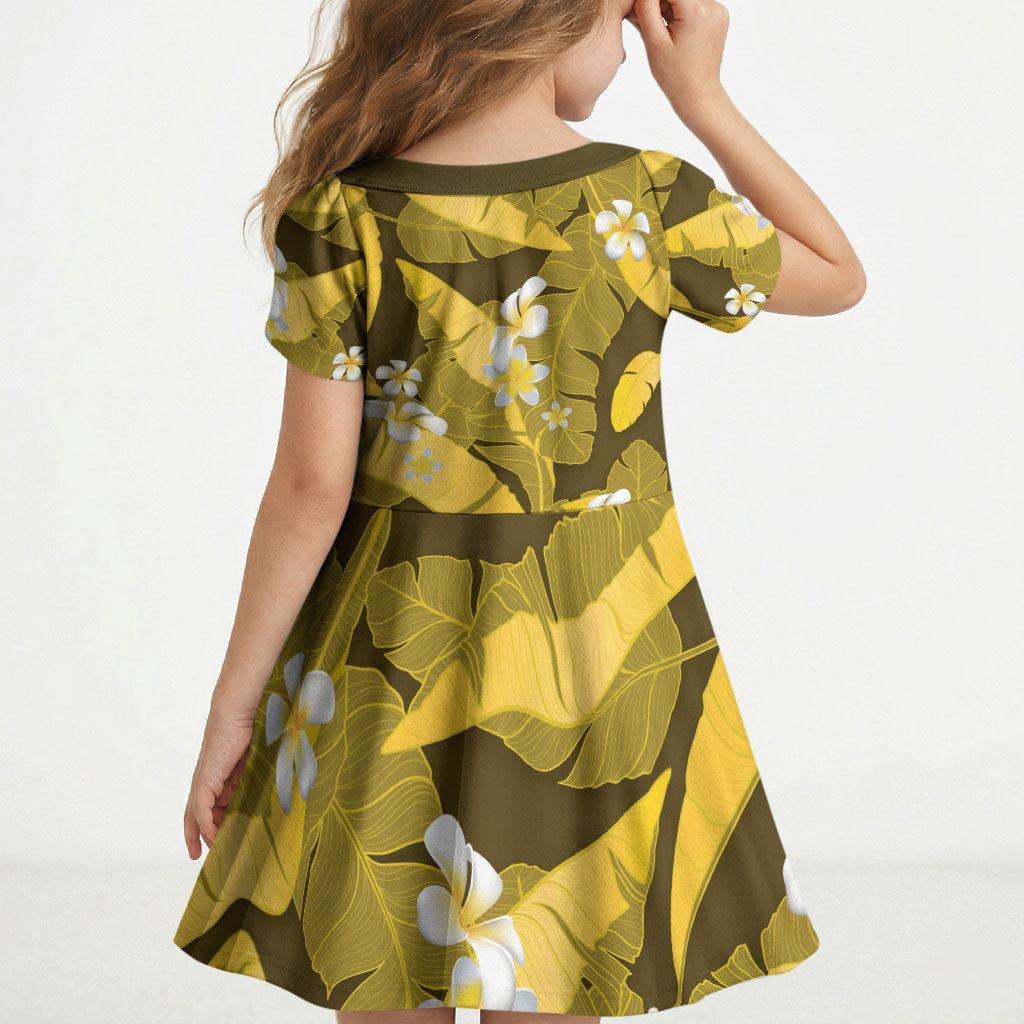 Yellow Banana Leaf Hawaii Kid Short Sleeve Dress Lau Maia Plumeria Tropical Summer Vibes