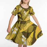 Yellow Banana Leaf Hawaii Kid Short Sleeve Dress Lau Maia Plumeria Tropical Summer Vibes