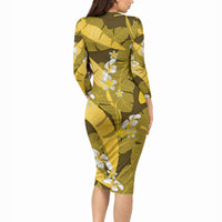 Yellow Banana Leaf Hawaii Long Sleeve Bodycon Dress Lau Maia Plumeria Tropical Summer Vibes