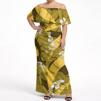 Yellow Banana Leaf Hawaii Off Shoulder Maxi Dress Lau Maia Plumeria Tropical Summer Vibes