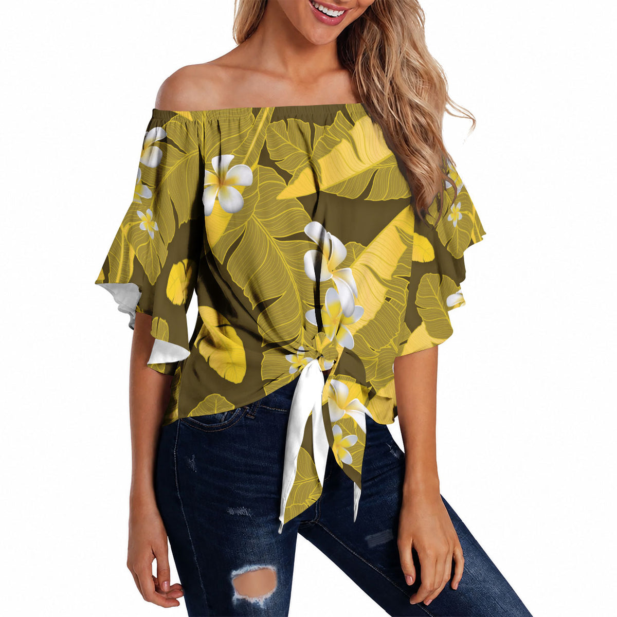 Yellow Banana Leaf Hawaii Off Shoulder Wrap Waist Top Lau Maia Plumeria Tropical Summer Vibes LT14 - Polynesian Pride