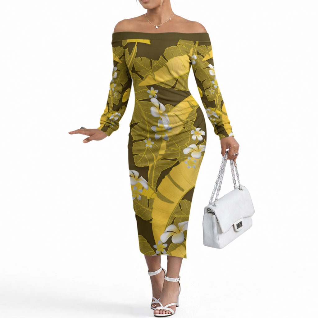 Yellow Banana Leaf Hawaii Off The Shoulder Long Sleeve Dress Lau Maia Plumeria Tropical Summer Vibes