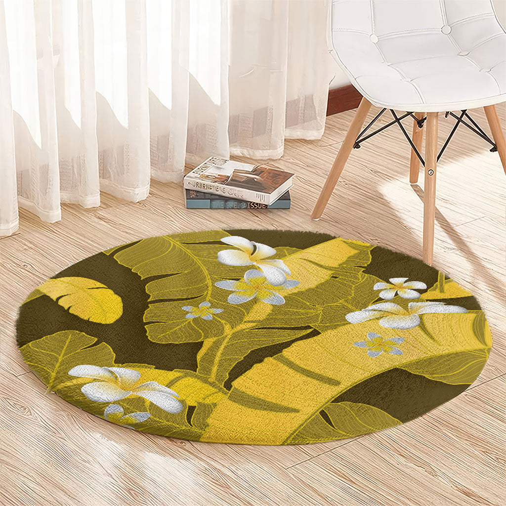 Yellow Banana Leaf Hawaii Round Carpet Lau Maia Plumeria Tropical Summer Vibes