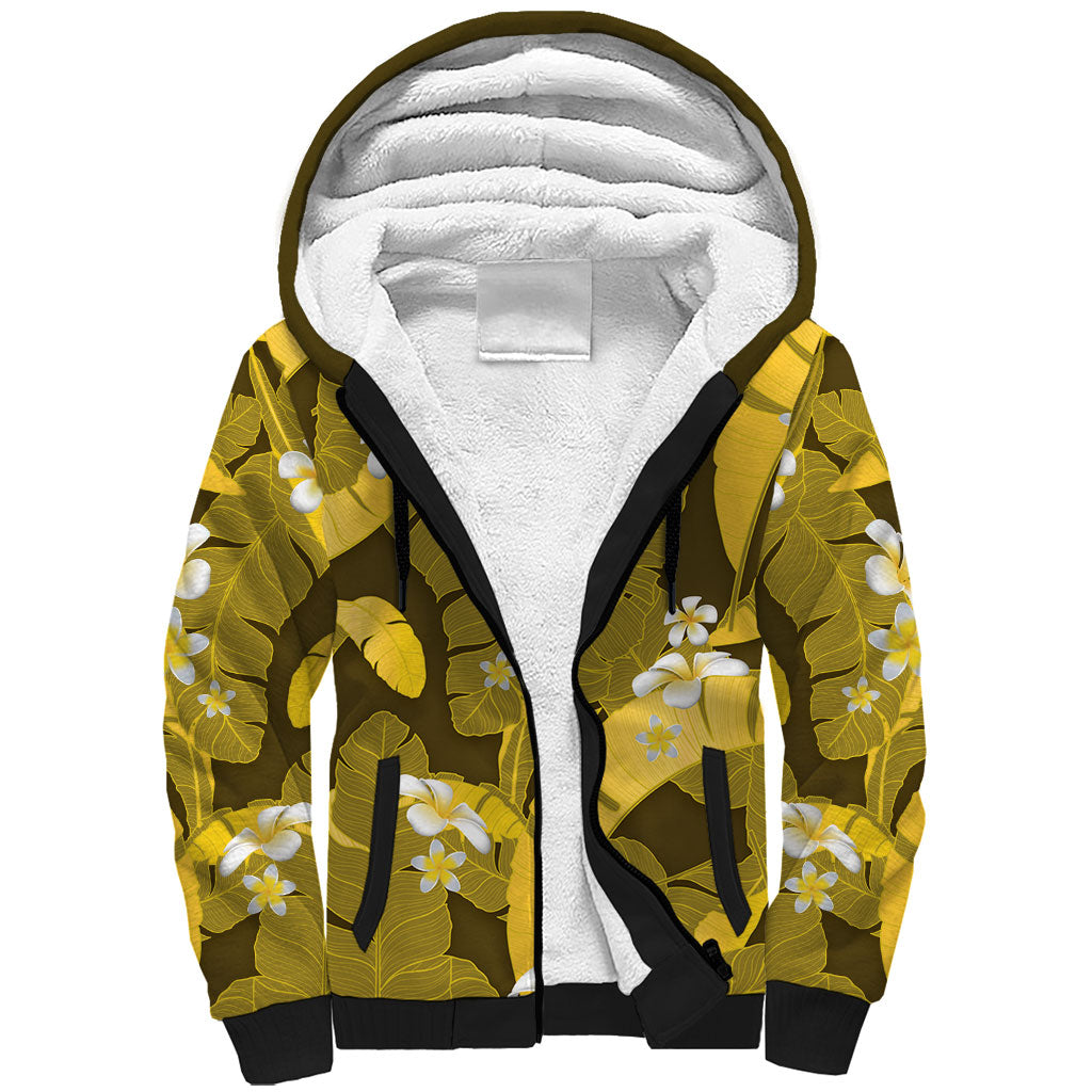 Yellow Banana Leaf Hawaii Sherpa Hoodie Lau Maia Plumeria Tropical Summer Vibes