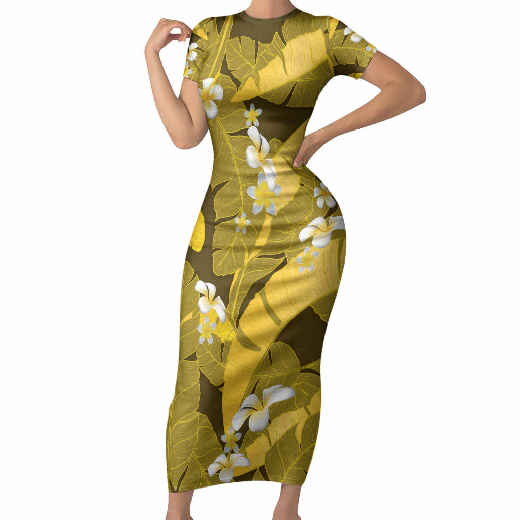 Yellow Banana Leaf Hawaii Short Sleeve Bodycon Dress Lau Maia Plumeria Tropical Summer Vibes