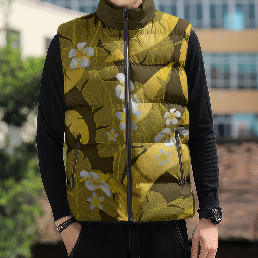 Yellow Banana Leaf Hawaii Sleeveless Puffer Jacket Lau Maia Plumeria Tropical Summer Vibes