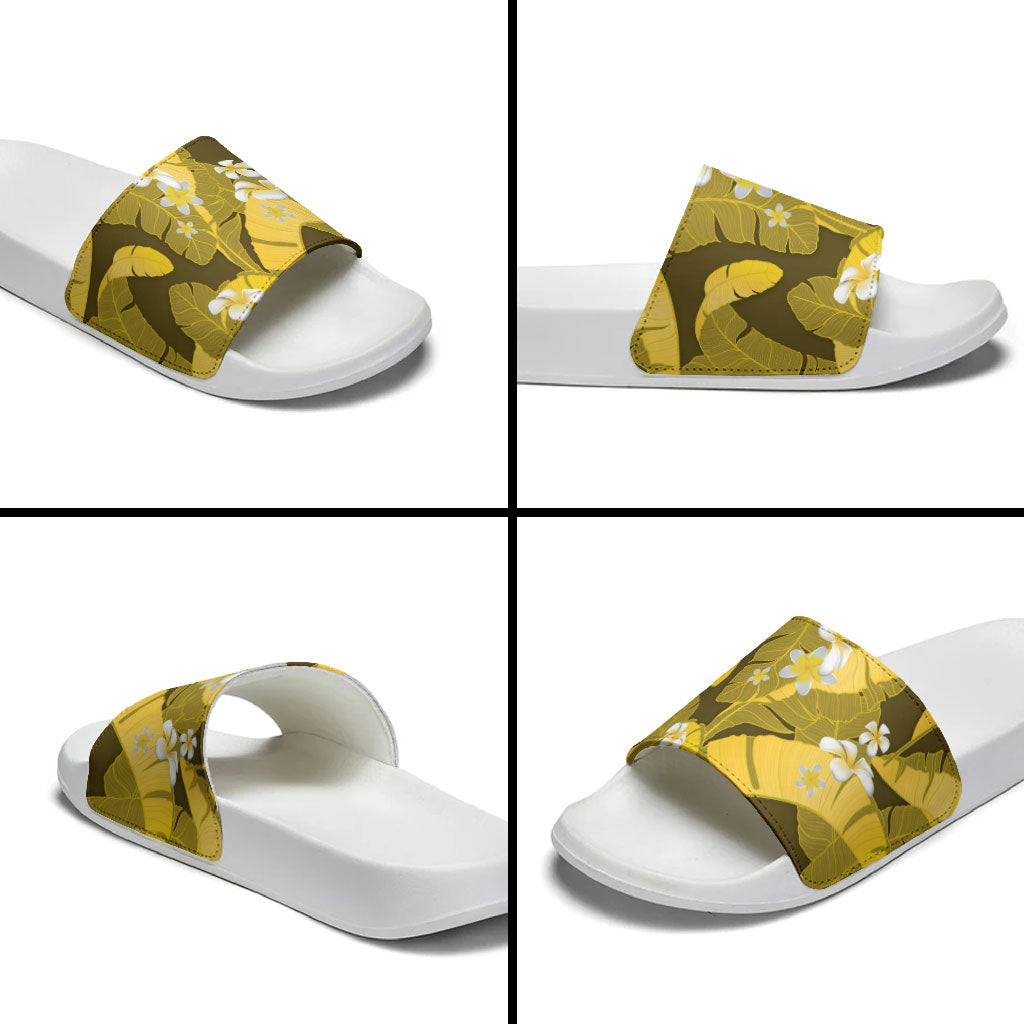 Yellow Banana Leaf Hawaii Slide Sandals Lau Maia Plumeria Tropical Summer Vibes