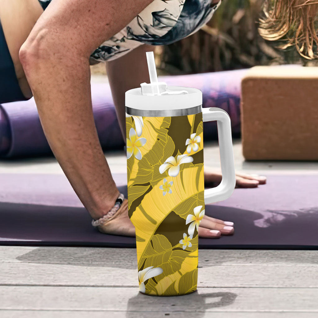 Yellow Banana Leaf Hawaii Tumbler With Handle Lau Maia Plumeria Tropical Summer Vibes