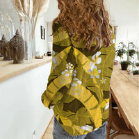 Yellow Banana Leaf Hawaii Women Casual Shirt Lau Maia Plumeria Tropical Summer Vibes