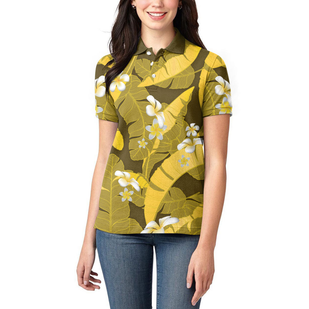 Yellow Banana Leaf Hawaii Women Polo Shirt Lau Maia Plumeria Tropical Summer Vibes