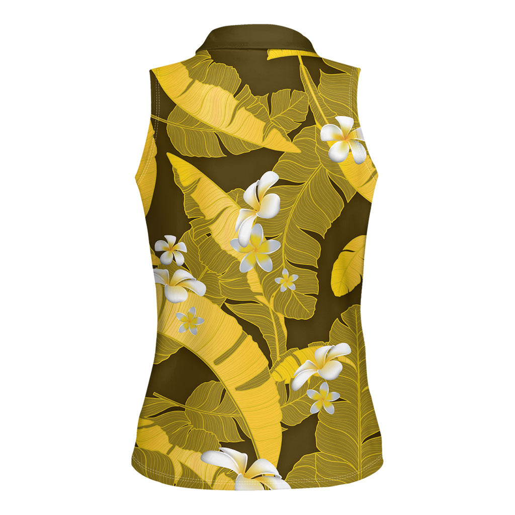 Yellow Banana Leaf Hawaii Women Sleeveless Polo Shirt Lau Maia Plumeria Tropical Summer Vibes