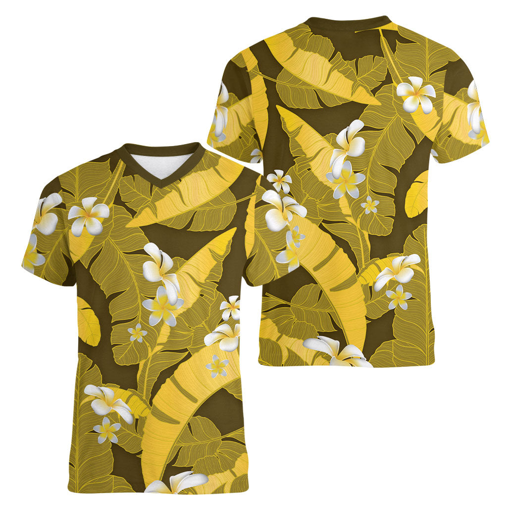 Yellow Banana Leaf Hawaii Women V-Neck T-Shirt Lau Maia Plumeria Tropical Summer Vibes
